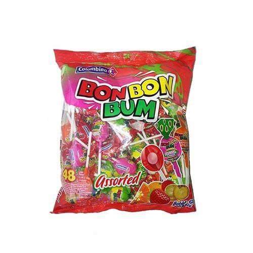a bag of Colombina Bon Bon Bum Assorted lolly pops