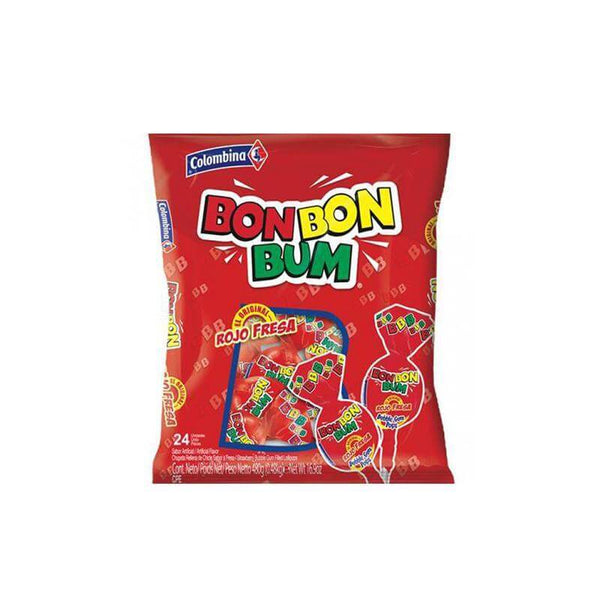 a bag of Colombina Bon Bon Bum Strawberry lolly pops